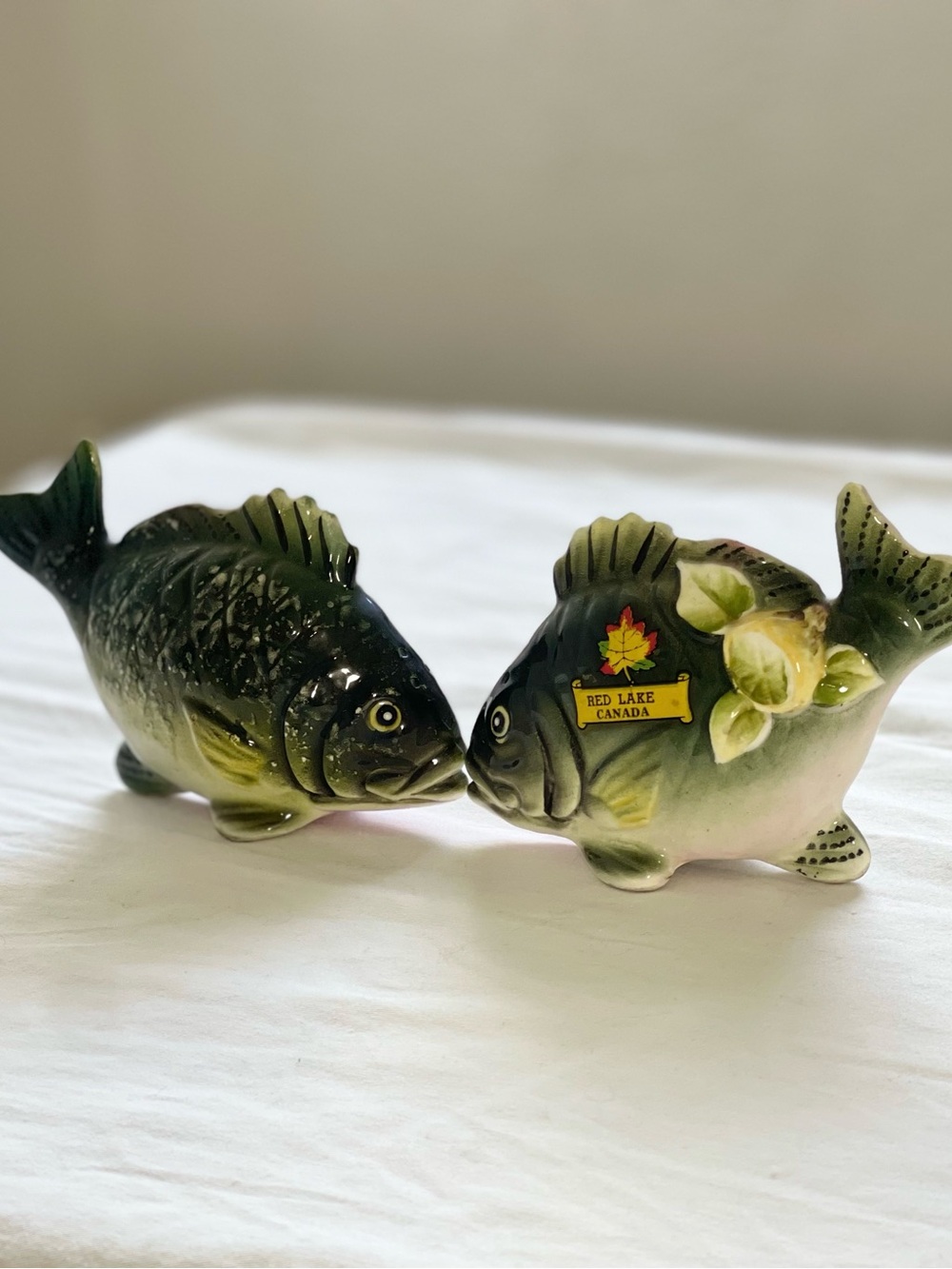 Vintage Ceramic Fish Salt & Pepper Shaker Figurines - Green Pair